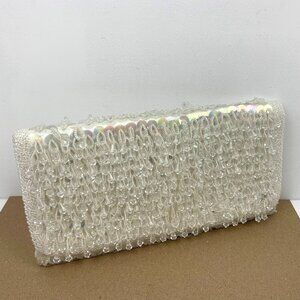 Vintage 60s - 70s Whie Satin Party Wedding Bag Sequins & Dangling Faux Crystals